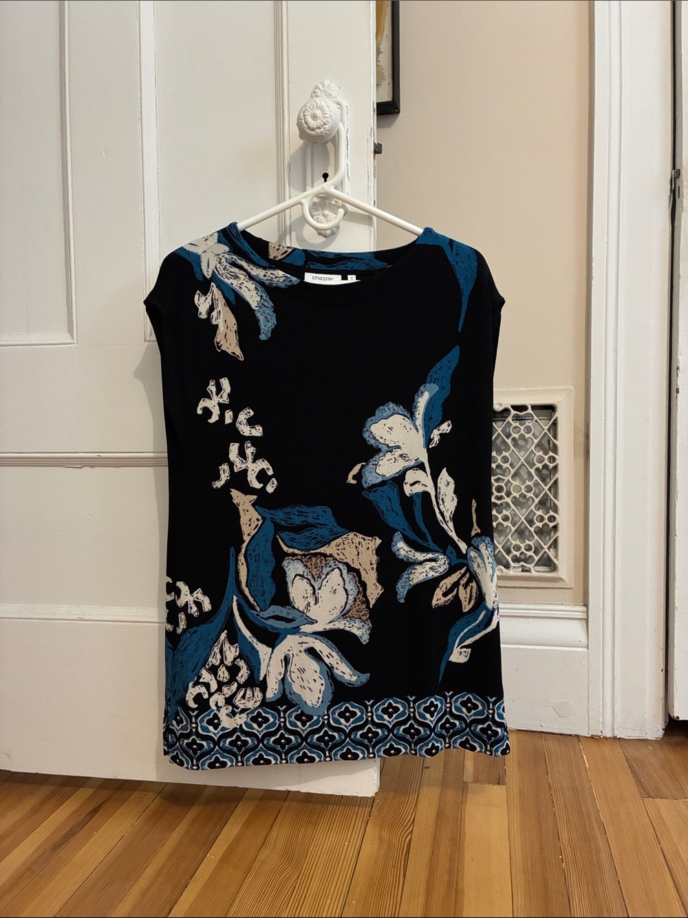 Chico’s Travelers Black Floral Tunic Top with Blue Accents